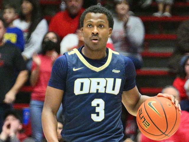 ALBUQUERQUE, NEW MEXICO - JANUARY 09: Max Abmas #3 of the Oral Roberts Golden Eagles dribbles against the New Mexico Lobos during the first half of their game at The Pit on January 09, 2023 in Albuquerque, New Mexico.