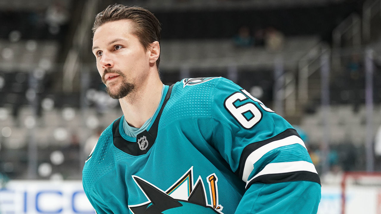 SAN JOSE, CA - MARCH 2: Erik Karlsson #65 of the San Jose Sharks skates during warmups before the game against the St. Louis Blues at SAP Center on March 2, 2023 in San Jose, California.