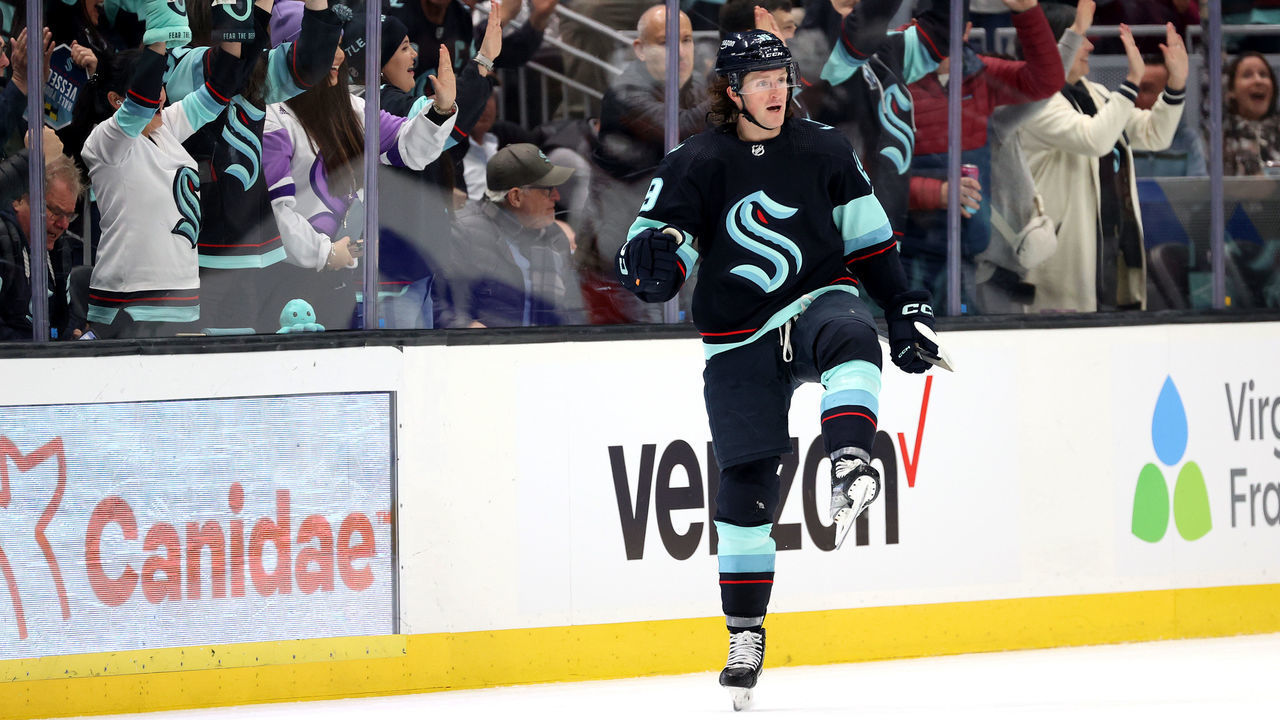 SEATTLE, WASHINGTON - MARCH 07: Jared McCann #19 of the Seattle Kraken celebrates his goal against the Anaheim Ducks during the first period at Climate Pledge Arena on March 07, 2023 in Seattle, Washington.