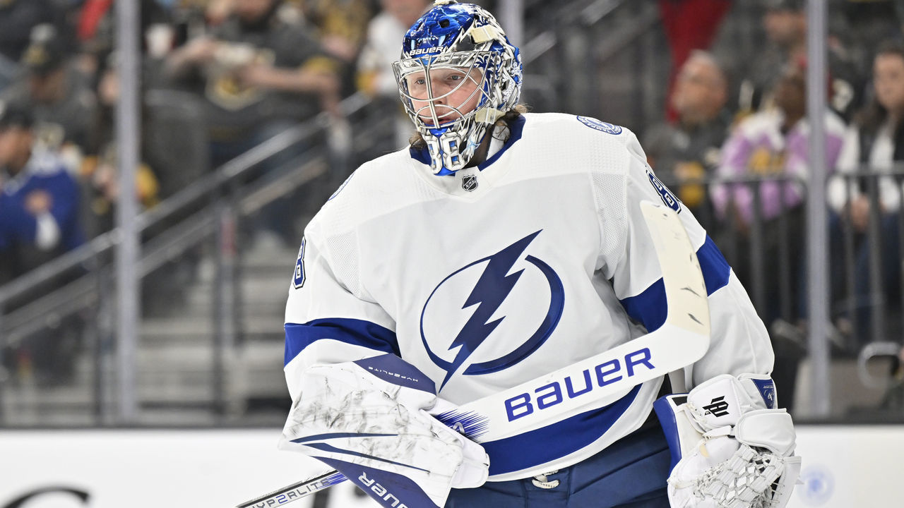 LAS VEGAS, NEVADA - FEBRUARY 18: Andrei Vasilevskiy #88 of the Tampa Bay Lightning is seen during the first period against the Vegas Golden Knights at T-Mobile Arena on February 18, 2023 in Las Vegas, Nevada.