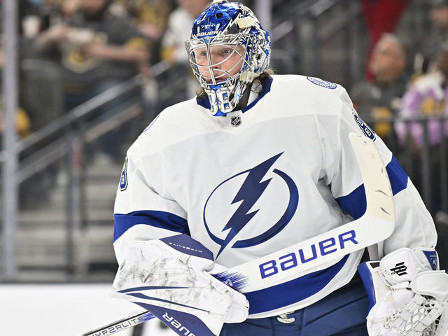 LAS VEGAS, NEVADA - FEBRUARY 18: Andrei Vasilevskiy #88 of the Tampa Bay Lightning is seen during the first period against the Vegas Golden Knights at T-Mobile Arena on February 18, 2023 in Las Vegas, Nevada.