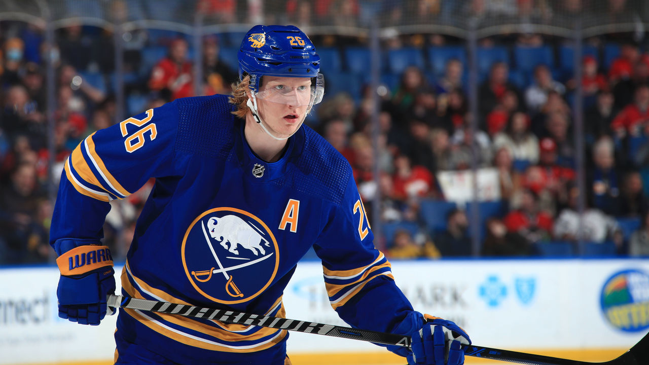 BUFFALO, NY - FEBRUARY 11: Rasmus Dahlin #26 of the Buffalo Sabres prepares for a faceoff against the Calgary Flames during an NHL game on February 11, 2023 at KeyBank Center in Buffalo, New York.