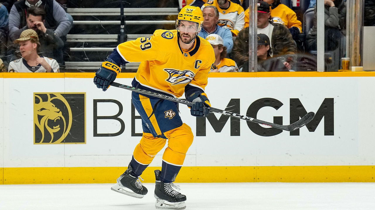 NASHVILLE, TENNESSEE - FEBRUARY 28: Roman Josi #59 of the Nashville Predators skates against the Pittsburgh Penguins during an NHL game at Bridgestone Arena on February 28, 2023 in Nashville, Tennessee.