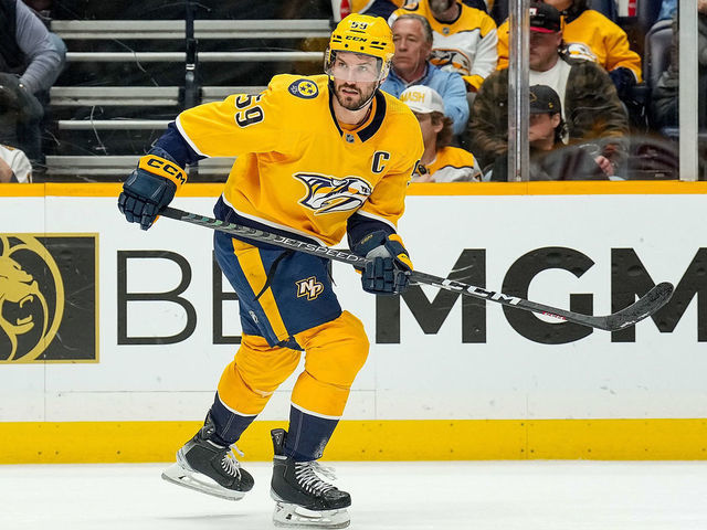NASHVILLE, TENNESSEE - FEBRUARY 28: Roman Josi #59 of the Nashville Predators skates against the Pittsburgh Penguins during an NHL game at Bridgestone Arena on February 28, 2023 in Nashville, Tennessee.