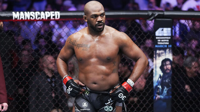LAS VEGAS, NEVADA - MARCH 04: Jon Jones waits for the start of the round in the UFC heavyweight championship fight during the UFC 285 event at T-Mobile Arena on March 04, 2023 in Las Vegas, Nevada.