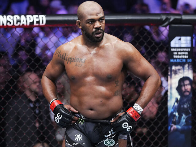 LAS VEGAS, NEVADA - MARCH 04: Jon Jones waits for the start of the round in the UFC heavyweight championship fight during the UFC 285 event at T-Mobile Arena on March 04, 2023 in Las Vegas, Nevada.