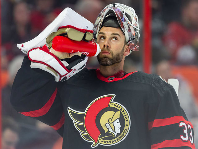 OTTAWA, ON - MARCH 04: Ottawa Senators Goalie Cam Talbot (33) takes a drink after a whistle during first period National Hockey League action between the Columbus Blue Jackets and Ottawa Senators on March 4, 2023, at Canadian Tire Centre in Ottawa, ON, Canada.