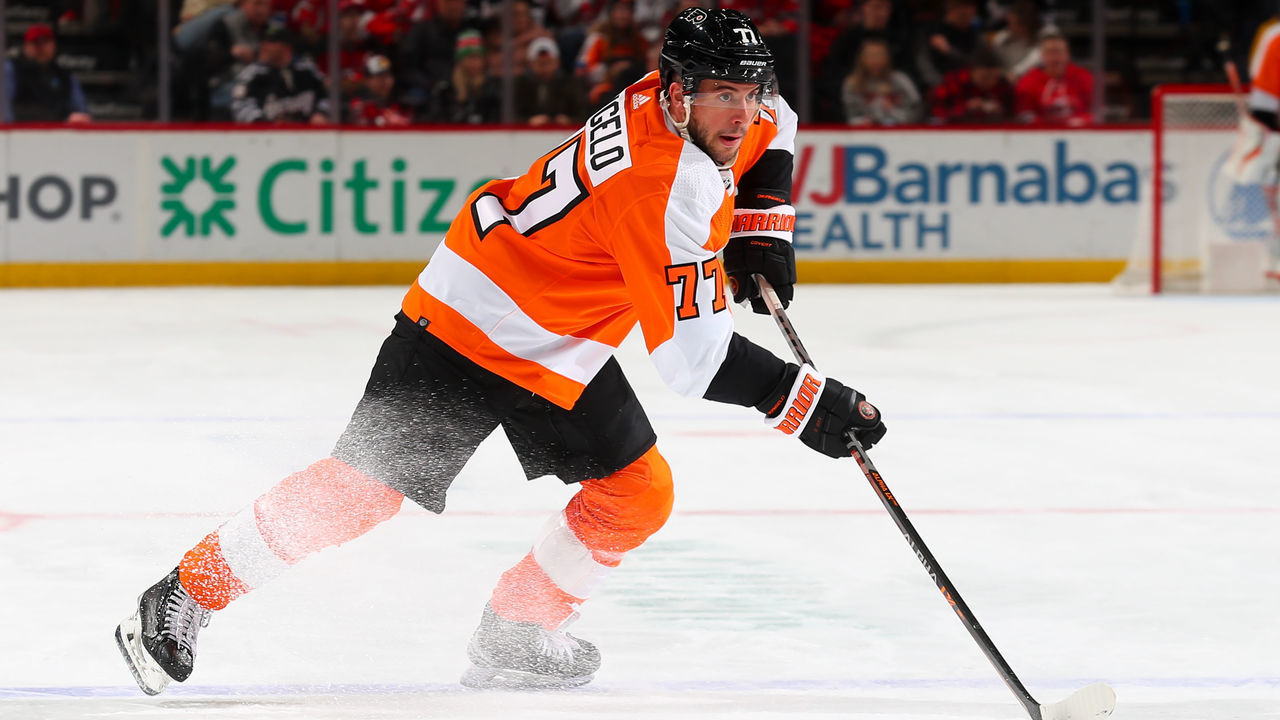 NEWARK, NJ - FEBRUARY 25: Tony DeAngelo #77 of the Philadelphia Flyers during the game against the New Jersey Devils on February 25, 2023 at the Prudential Center in Newark, New Jersey.