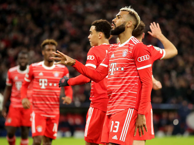 MUNICH, GERMANY - MARCH 08: Eric Maxim Choupo-Moting of FC Bayern Muenchen celebrates with teammates after scoring his team's first goal during the UEFA Champions League round of 16 leg two match between FC Bayern München and Paris Saint-Germain at Allianz Arena on March 08, 2023 in Munich, Germany.