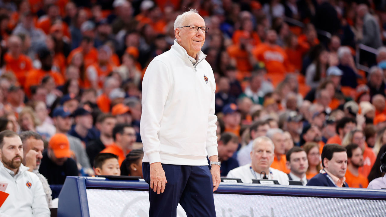 SYRACUSE, NY - MARCH 04: Head coach Jim Boeheim of the Syracuse Orange smiles on the sideline during the second half against the Wake Forest Demon Deacons at JMA Wireless Dome on March 4, 2023 in Syracuse, New York.