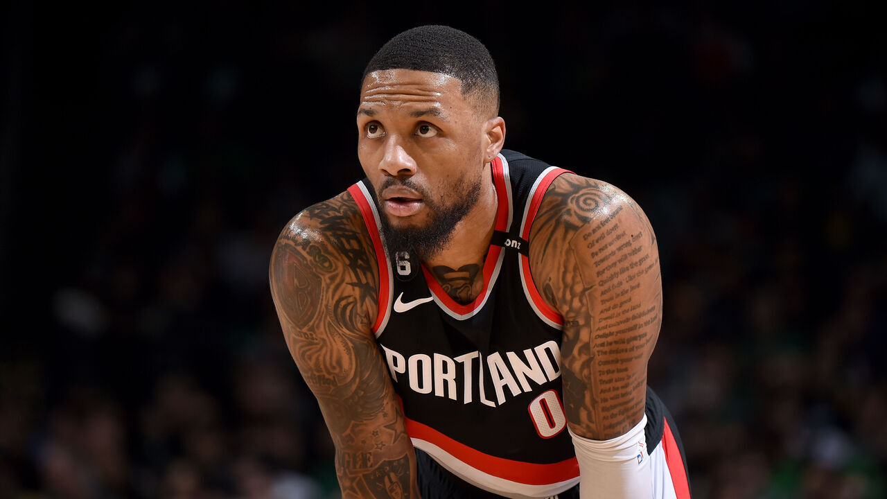 BOSTON, MA - MARCH 8: Damian Lillard #0 of the Portland Trail Blazers looks on during the game against the Boston Celtics on March 8, 2023 at the TD Garden in Boston, Massachusetts. Mandatory Copyright Notice: Copyright 2023 NBAE