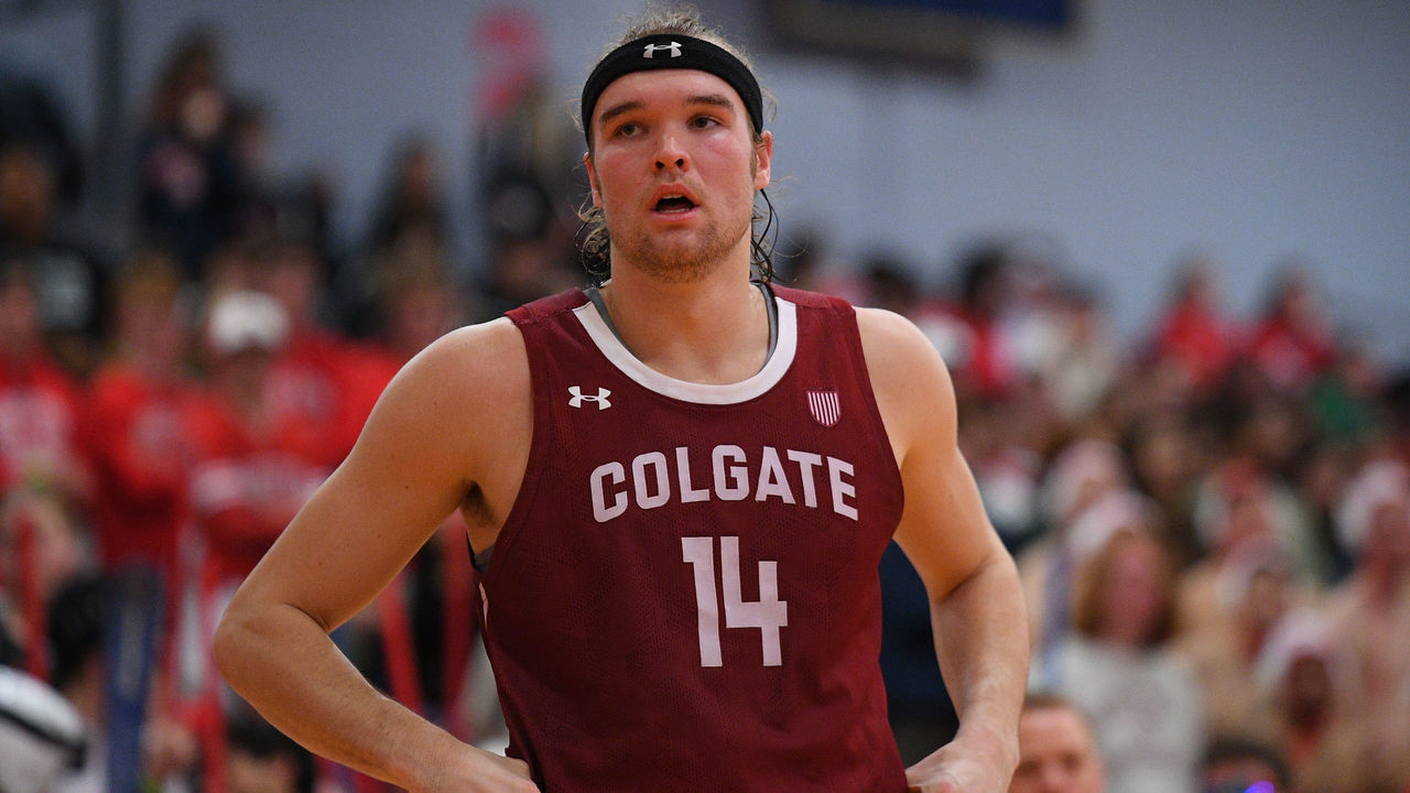 BOSTON, MA - JANUARY 23: Colgate Raiders forward Keegan Records (14) looks on during a college basketball game between the Colgate Raiders and the Boston University Terriers on January 23, 2023, at Case Gym in Boston, MA.