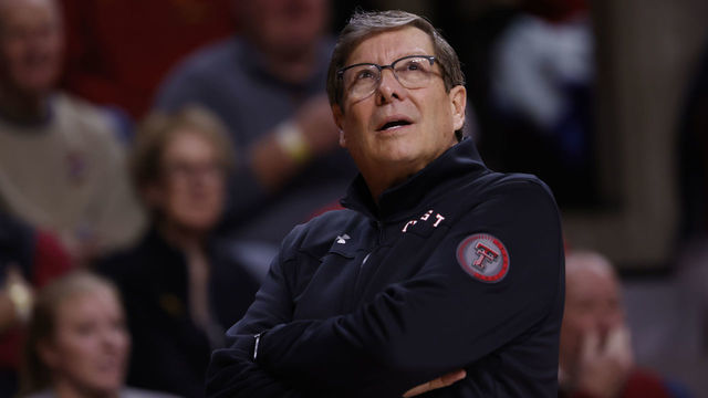 AMES, IA - JANUARY 10: Head coach Mark Adams of the Texas Tech Red Raiders coaches from the bench in the first half of play at Hilton Coliseum on January 10, 2023 in Ames, Iowa. The Iowa State Cyclones won 84-50 over the Texas Tech Red Raiders.