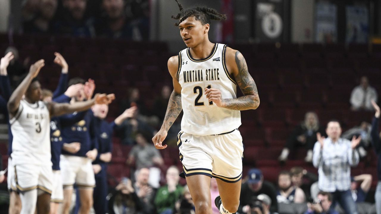 BOISE, IDAHO - MARCH 07: RaeQuan Battle #21 of the Montana State Bobcats runs up the court after scoring a 3-pointer in the second half of a game against the Weber State Wildcats during the semifinals of the Big Sky Basketball Tournament at Idaho Central Arena on March 07, 2023 in Boise, Idaho.