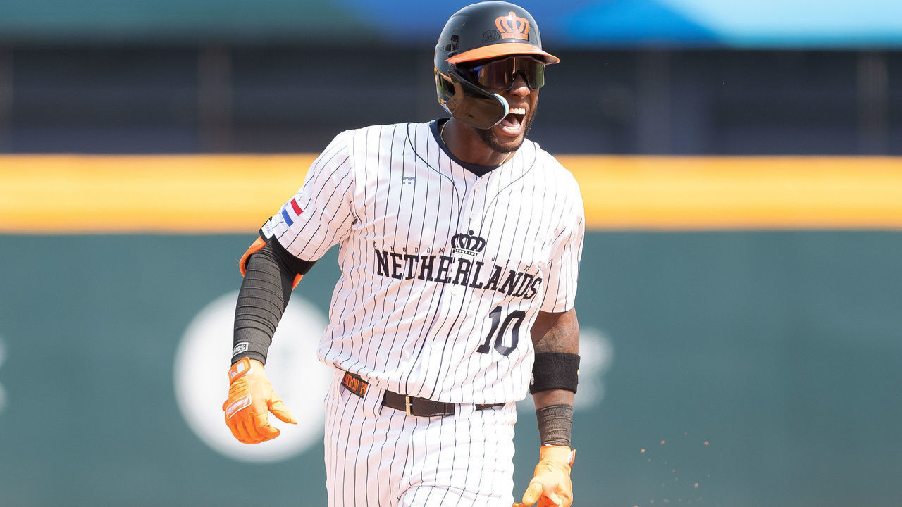 TAICHUNG, TAIWAN - MARCH 09: Jurikson Profar #10 of Team Netherlands reacts after hitting a solo homerun at the bottom of the 5th inning during the World Baseball Classic Pool A game between Panama and Netherlands at Taichung Intercontinental Baseball Stadium on March 09, 2023 in Taichung, Taiwan.
