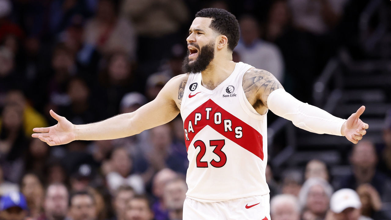 PHOENIX, ARIZONA - JANUARY 30: Fred VanVleet #23 of the Toronto Raptors reacts after being called for a foul during the game against the Phoenix Suns at Footprint Center on January 30, 2023 in Phoenix, Arizona. The Suns beat the Raptors 114-106. NOTE TO USER: User expressly acknowledges and agrees that, by downloading and or using this photograph, User is consenting to the terms and conditions of the Getty Images License Agreement.