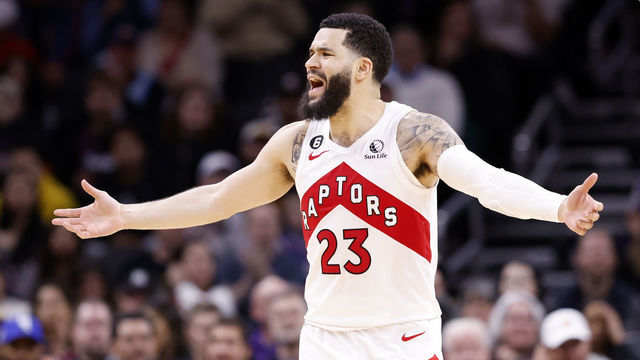 PHOENIX, ARIZONA - JANUARY 30: Fred VanVleet #23 of the Toronto Raptors reacts after being called for a foul during the game against the Phoenix Suns at Footprint Center on January 30, 2023 in Phoenix, Arizona. The Suns beat the Raptors 114-106. NOTE TO USER: User expressly acknowledges and agrees that, by downloading and or using this photograph, User is consenting to the terms and conditions of the Getty Images License Agreement.