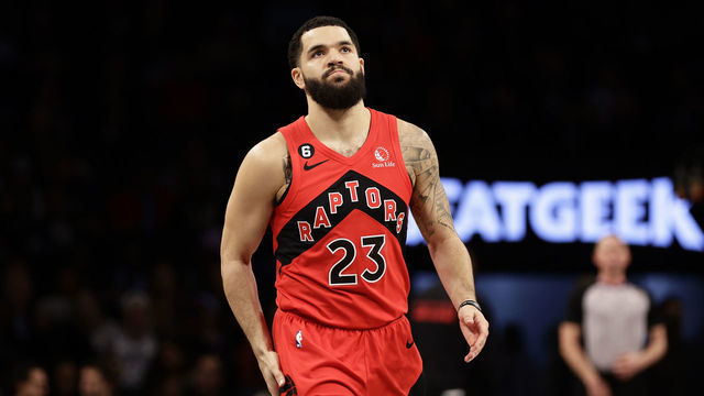 NEW YORK, NEW YORK - DECEMBER 2: Fred VanVleet #23 of the Toronto Raptors reacts against the Brooklyn Nets during the first half at Barclays Center on December 2, 2022 in New York City.