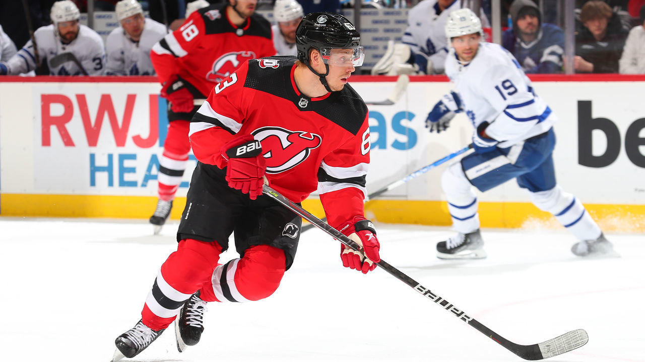NEWARK, NJ - MARCH 07: Jesper Bratt #63 of the New Jersey Devils skates in the first period of the game against the Toronto Maple Leafs on March 7, 2023 at the Prudential Center in Newark, New Jersey.