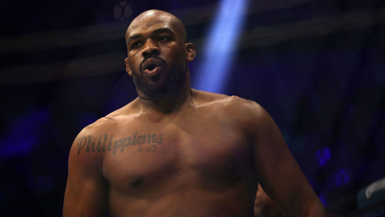 LAS VEGAS, NEVADA - MARCH 04: Jon Jones looks on during the UFC heavyweight championship fight against Ciryl Gane of France during the UFC 285 event at T-Mobile Arena on March 04, 2023 in Las Vegas, Nevada.
