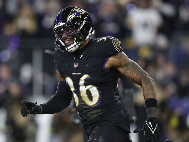 Baltimore Ravens S Chuck Clark (36) reacts after sacking San