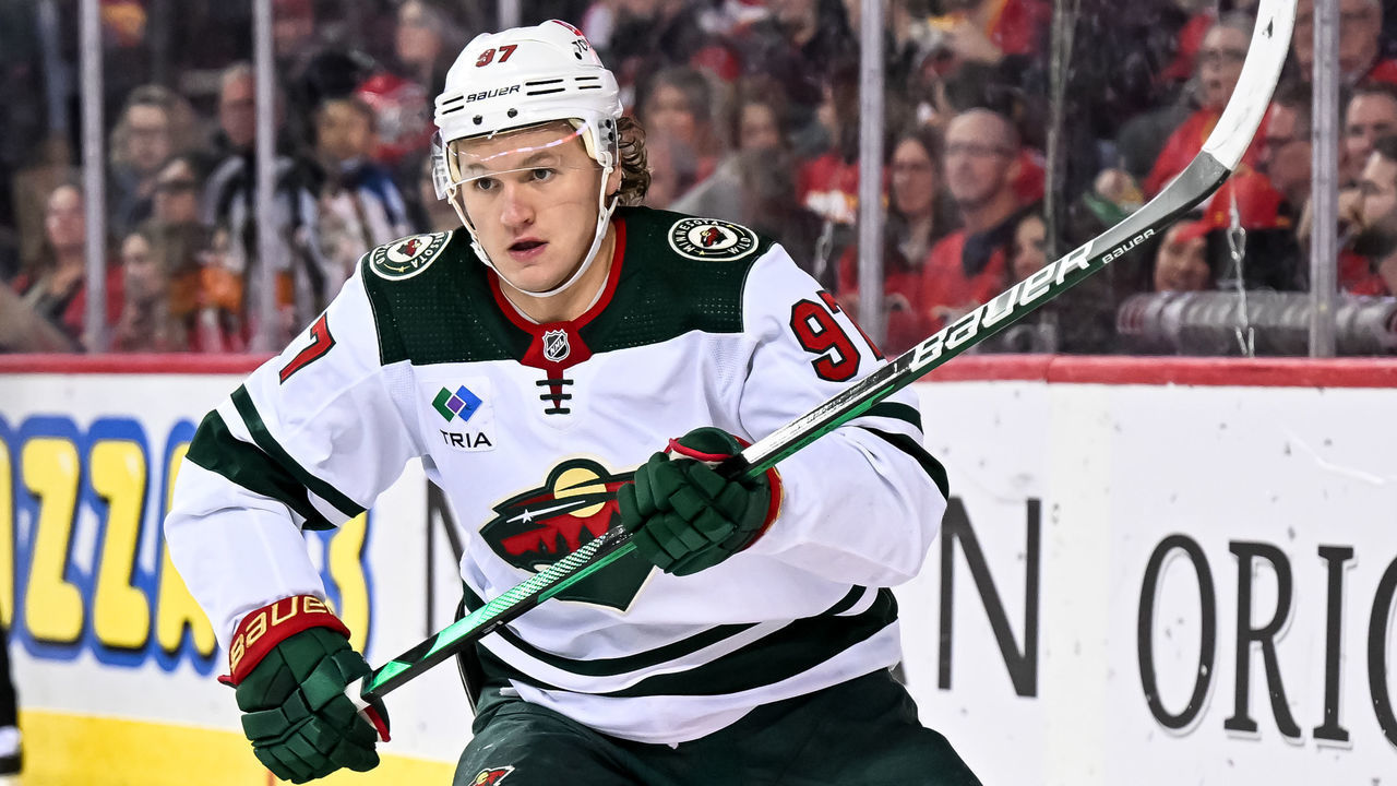 CALGARY, AB - MARCH 04: Minnesota Wild Left Wing Kirill Kaprizov (97) in action during the second period of an NHL game between the Calgary Flames and the Minnesota Wild on March 4, 2023, at the Scotiabank Saddledome in Calgary, AB.