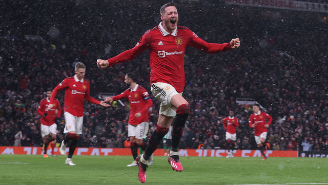MANCHESTER, ENGLAND - MARCH 09: Wout Weghorst of Manchester United celebrates scoring their fourth goal during the UEFA Europa League round of 16 leg one match between Manchester United and Real Betis at Old Trafford on March 09, 2023 in Manchester, England.