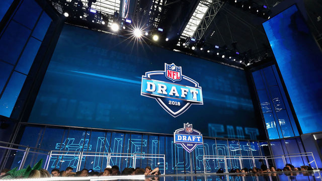 ARLINGTON, TX - APRIL 26: The 2018 NFL Draft logo is seen on a video board during the first round of the 2018 NFL Draft at AT&T Stadium on April 26, 2018 in Arlington, Texas.