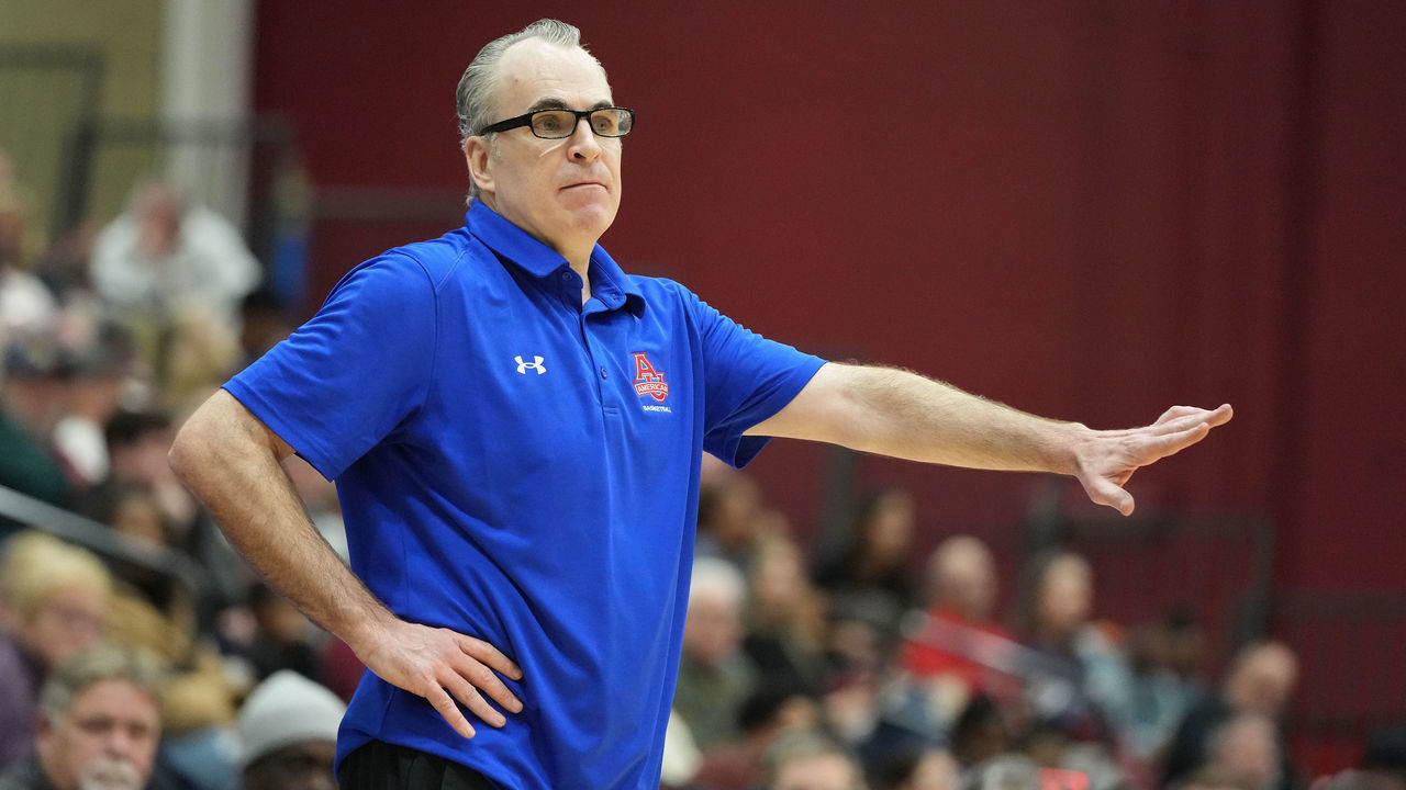 EASTON, PA - DECEMBER 30: Head coach Mike Brennan of the American University Eagles signals to his players during a college basketball game against the Lafayette Leopards at the Kirby Sports Center on December 30, 2022 in Easton, Pennsylvania.
