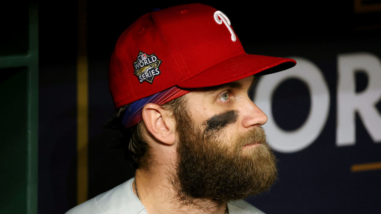 HOUSTON, TX - NOVEMBER 05: Bryce Harper #3 of the Philadelphia Phillies looks on from the dugout prior to Game 6 of the 2022 World Series between the Philadelphia Phillies and the Houston Astros at Minute Maid Park on Saturday, November 5, 2022 in Houston, Texas.