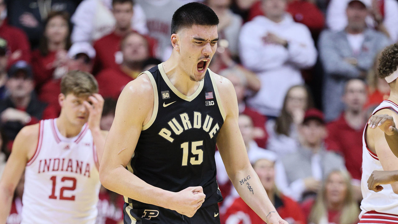 BLOOMINGTON, INDIANA - FEBRUARY 04: Zach Edey #15of the Purdue Boilermakers shoots the ball against the Indiana Hoosiers at Simon Skjodt Assembly Hall on February 04, 2023 in Bloomington, Indiana.
