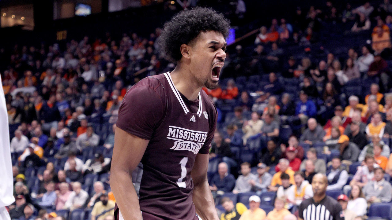 NASHVILLE, TENNESSEE - MARCH 09: Tolu Smith #1 of the Mississippi State Bulldogs celebrates against the Florida Gators during the 2023 SEC Basketball Tournament at the Bridgestone Arena on March 09, 2023 in Nashville, Tennessee.