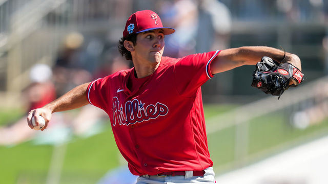 FORT MYERS, FL- MARCH 01: Andrew Painter #76 of the Philadelphia Phillies pitches during a spring training game against the Minnesota Twins on March 1, 2023 at the Hammond Stadium in Fort Myers, Florida.