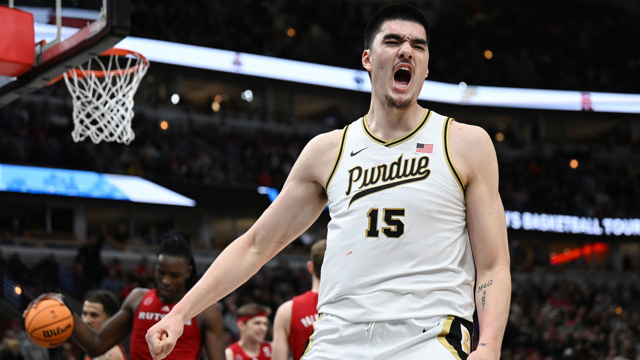 CHICAGO, ILLINOIS - MARCH 10: Zach Edey #15 of the Purdue Boilermakers reacts after scoring against the Rutgers Scarlet Knights during the first half in the quarterfinals of the Big Ten Tournament at United Center on March 10, 2023 in Chicago, Illinois.