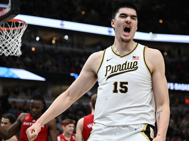 CHICAGO, ILLINOIS - MARCH 10: Zach Edey #15 of the Purdue Boilermakers reacts after scoring against the Rutgers Scarlet Knights during the first half in the quarterfinals of the Big Ten Tournament at United Center on March 10, 2023 in Chicago, Illinois.