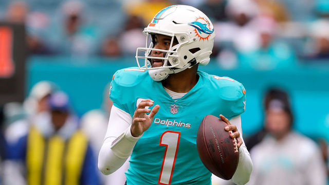 MIAMI GARDENS, FLORIDA - DECEMBER 25: Tua Tagovailoa #1 of the Miami Dolphins looks to pass against the Green Bay Packers during the second half of the game at Hard Rock Stadium on December 25, 2022 in Miami Gardens, Florida.