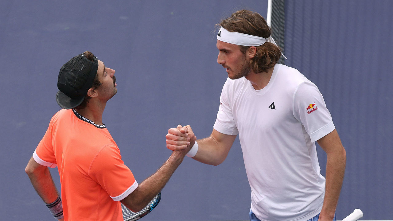 INDIAN WELLS, CALIFORNIA - MARCH 10: (L-R) Jordan Thompson of Australia shakes hands with Stefanos Tsitsipas of Greece after a three set win during the BNP Parisbas at the Indian Wells Tennis Garden on March 10, 2023 in Indian Wells, California.