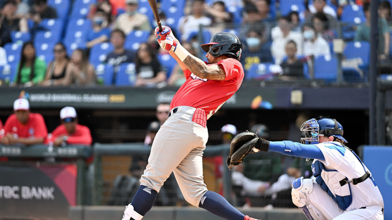 TAICHUNG, TAIWAN - MARCH 11: Jose Ramos #99 of Team Panama hits single at the top of the 7th inning during the World Baseball Classic Pool A game between Panama and Italy at Taichung Intercontinental Baseball Stadium on March 11, 2023 in Taichung, Taiwan.