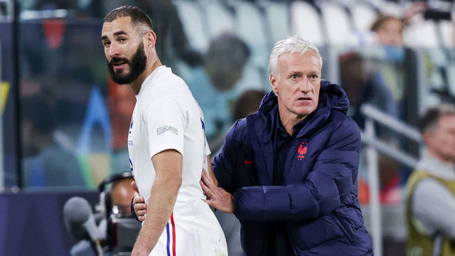 TURIN, ITALY - OCTOBER 7: (L-R) Karim Benzema of France, coach Didier Deschamps of France during the UEFA Nations league match between France v Belgium at the Allianz Stadium on October 7, 2021 in Turin Italy