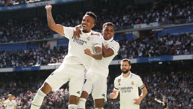 MADRID, SPAIN - MARCH 11: Eder Gabriel Militao (L) of Real Madrid CF celebrates scoring their second goal with teammates Rodrygo Goes (2ndL) and Nacho Fernandez (R) during the LaLiga Santander match between Real Madrid CF and RCD Espanyol at Estadio Santiago Bernabeu on March 11, 2023 in Madrid, Spain.