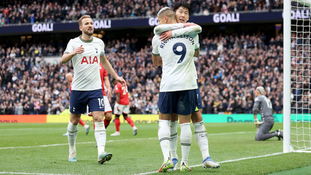 LONDON, ENGLAND - MARCH 11: Son Heung-Min of Tottenham Hotspur celebrates after scoring the team's third goal during the Premier League match between Tottenham Hotspur and Nottingham Forest at Tottenham Hotspur Stadium on March 11, 2023 in London, England.