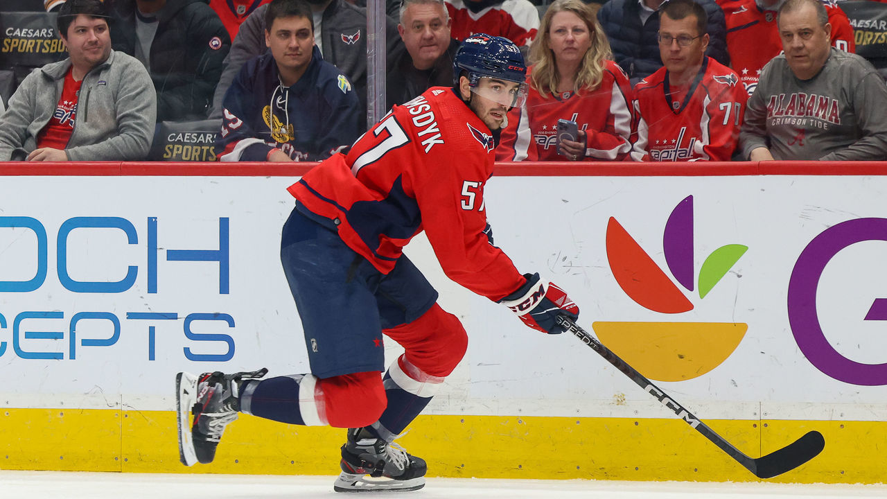 WASHINGTON, DC - JANUARY 17: Trevor van Riemsdyk #57 of the Washington Capitals skates with the during a game against the Minnesota Wild at Capital One Arena on January 17, 2023 in Washington, D.C.