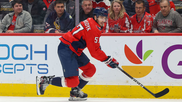 WASHINGTON, DC - JANUARY 17: Trevor van Riemsdyk #57 of the Washington Capitals skates with the during a game against the Minnesota Wild at Capital One Arena on January 17, 2023 in Washington, D.C.