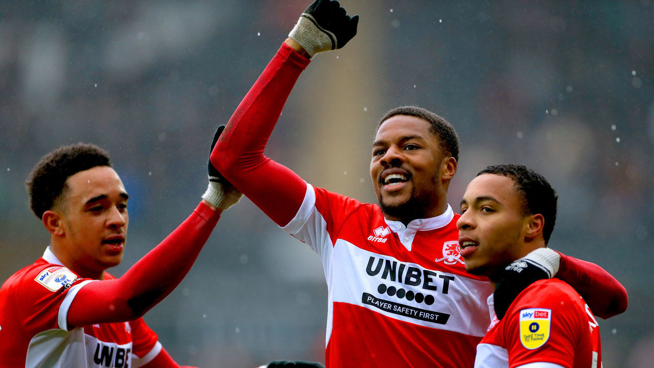Middlesbrough's Cameron Archer (right) celebrates with team-mates Aaron Ramsey (left) and Chuba Akpom after scoring their side's second goal of the game during the Sky Bet Championship match at the Swansea.com Stadium, Swansea. Picture date: Saturday March 11, 2023.