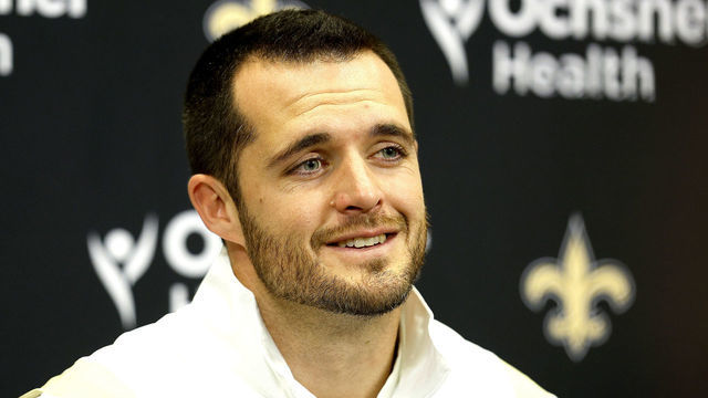 NEW ORLEANS, LOUISIANA - MARCH 11: Quarterback Derek Carr of the New Orleans Saints speaks to members of the media after signing a four-year contract with the Saints at New Orleans Saints Indoor Practice Facility on March 11, 2023 in New Orleans, Louisiana.