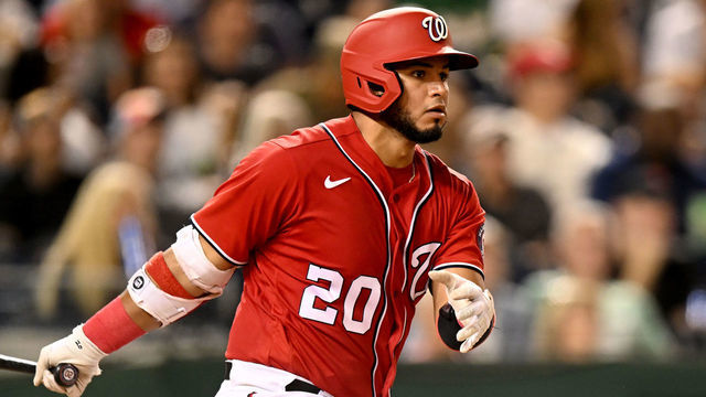 WASHINGTON, DC - AUGUST 31: Keibert Ruiz #20 of the Washington Nationals bats against the Oakland Athletics at Nationals Park on August 31, 2022 in Washington, DC.