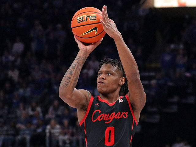 MEMPHIS, TENNESSEE - MARCH 05: Marcus Sasser #0 of the Houston Cougars takes a shot during the second half against the Memphis Tigers at FedExForum on March 05, 2023 in Memphis, Tennessee.