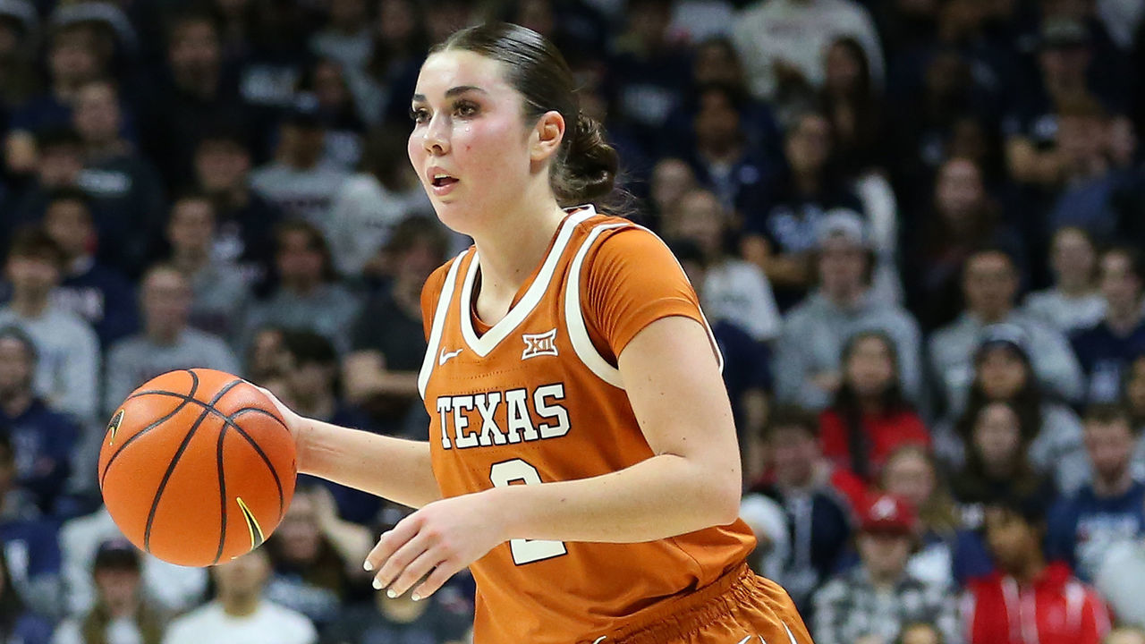 STORRS, CT - NOVEMBER 14: Texas Longhorns guard Shaylee Gonzales (2) with the ball during a women's college basketball game between Texas Longhorns and UConn Huskies on November 14, 2022, at Harry A. Gampel Pavilion in Storrs, CT.