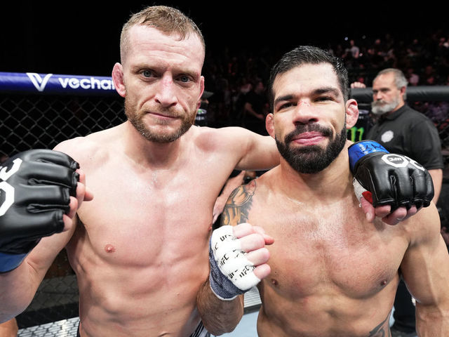 LAS VEGAS, NEVADA - MARCH 11: (L-R) Davey Grant of England and Raphael Assuncao of Brazil pose after their bantamweight fight during the UFC Fight Night event at The Theater at Virgin Hotels Las Vegas on March 11, 2023 in Las Vegas, Nevada.