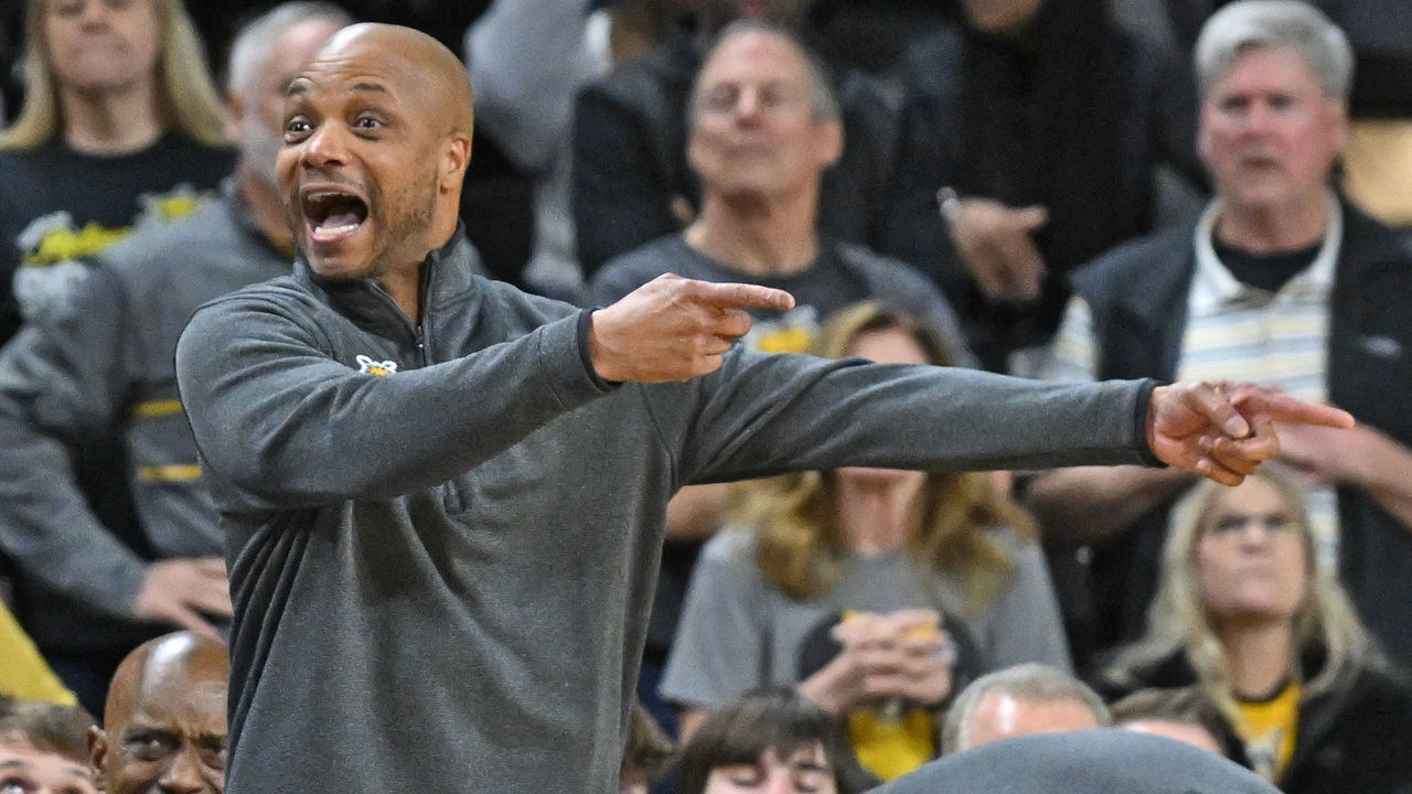 WICHITA, KS - FEBRUARY 12: Head coach Isaac Brown of the Wichita State Shockers reacts after a play during a game in the second overtime against the Southern Methodist Mustangs at Charles Koch Arena on February 12, 2023 in Wichita, Kansas.